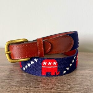 Smathers & Branson Hand-Stitched Needlepoint G.O.P. Red Elephants Belt 36" Navy